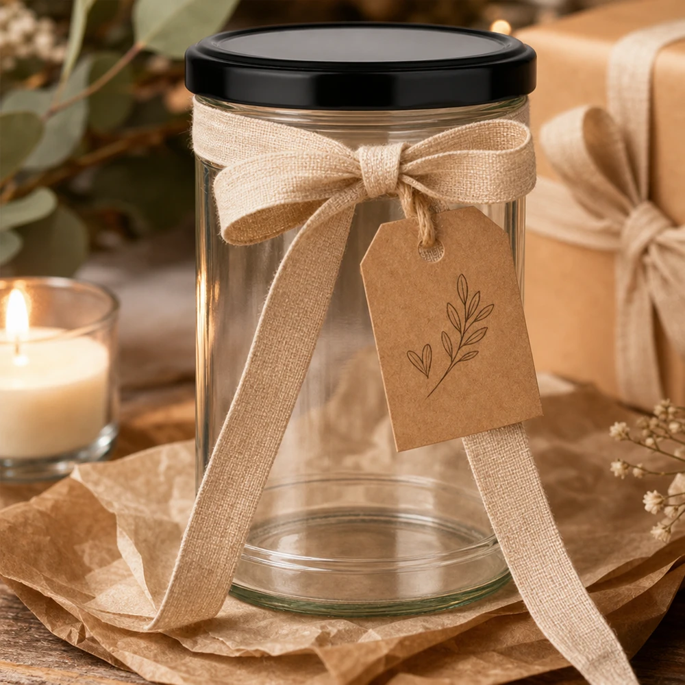 1053ml Verre conique avec couvercle BasicSeal noir UNiTWIST 1053ml verre renversé avec couvercle noir comme emballage cadeau décoré avec un ruban et un pendentif en papier kraft