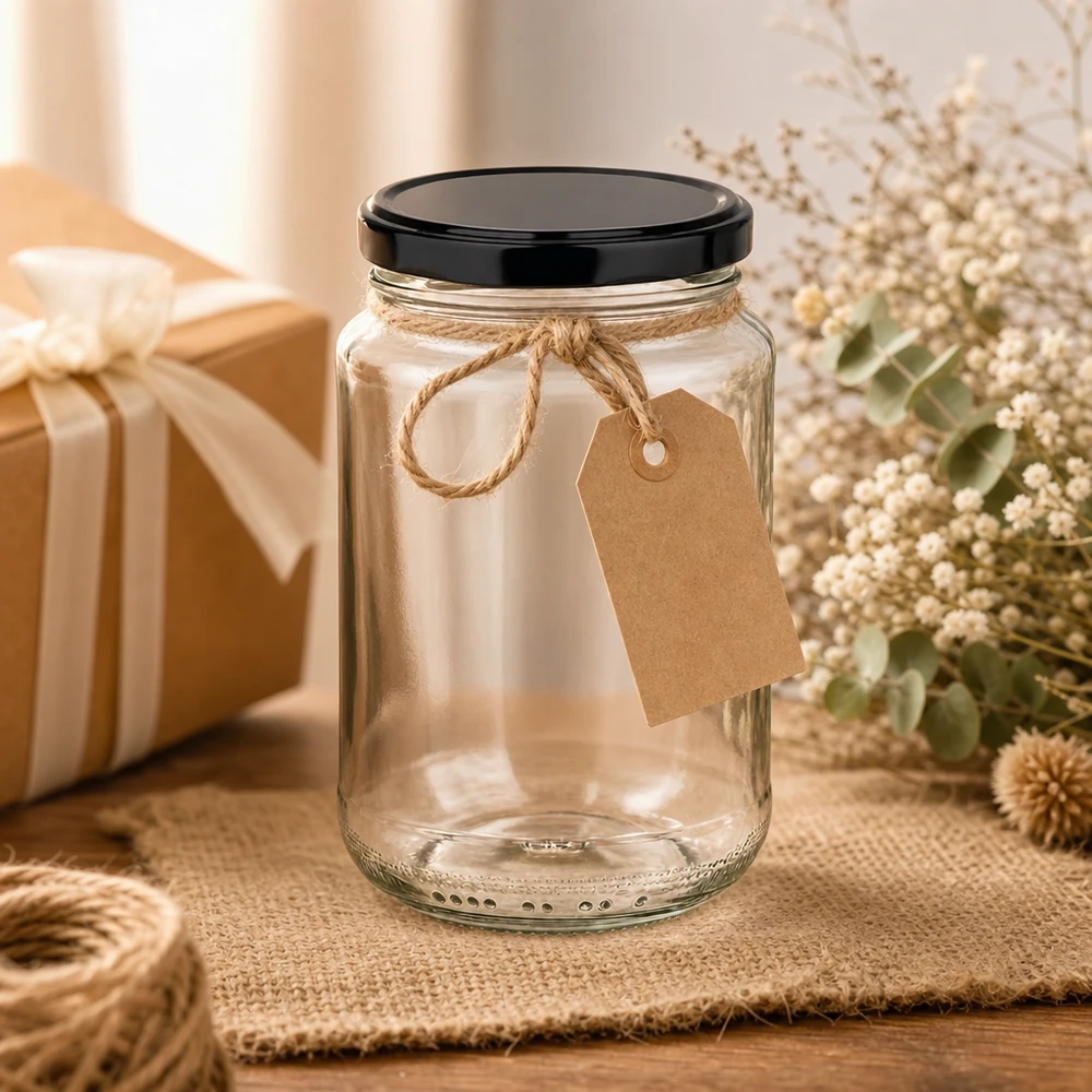 Pot rond de 375 ml mis en scène de manière décorative avec un pendentif en papier kraft et une corde de jute comme emballage cadeau Pot de conservation