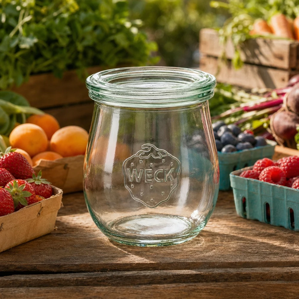 Bocal en forme de tulipe de 220 ml avec couvercle en verre WECK RR60 WECK Pot tulipe 220ml RR60 vide sur table en bois entouré de fruits et légumes frais dans un environnement de jardin naturel