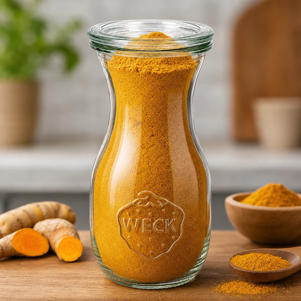 Bouteille à jus de 290 ml avec couvercle en verre WECK RR60 WECK Bouteille de jus 290ml RR60 remplie de poudre de curcuma à côté de racines de curcuma fraîches et de coupes en bois sur la table de cuisine