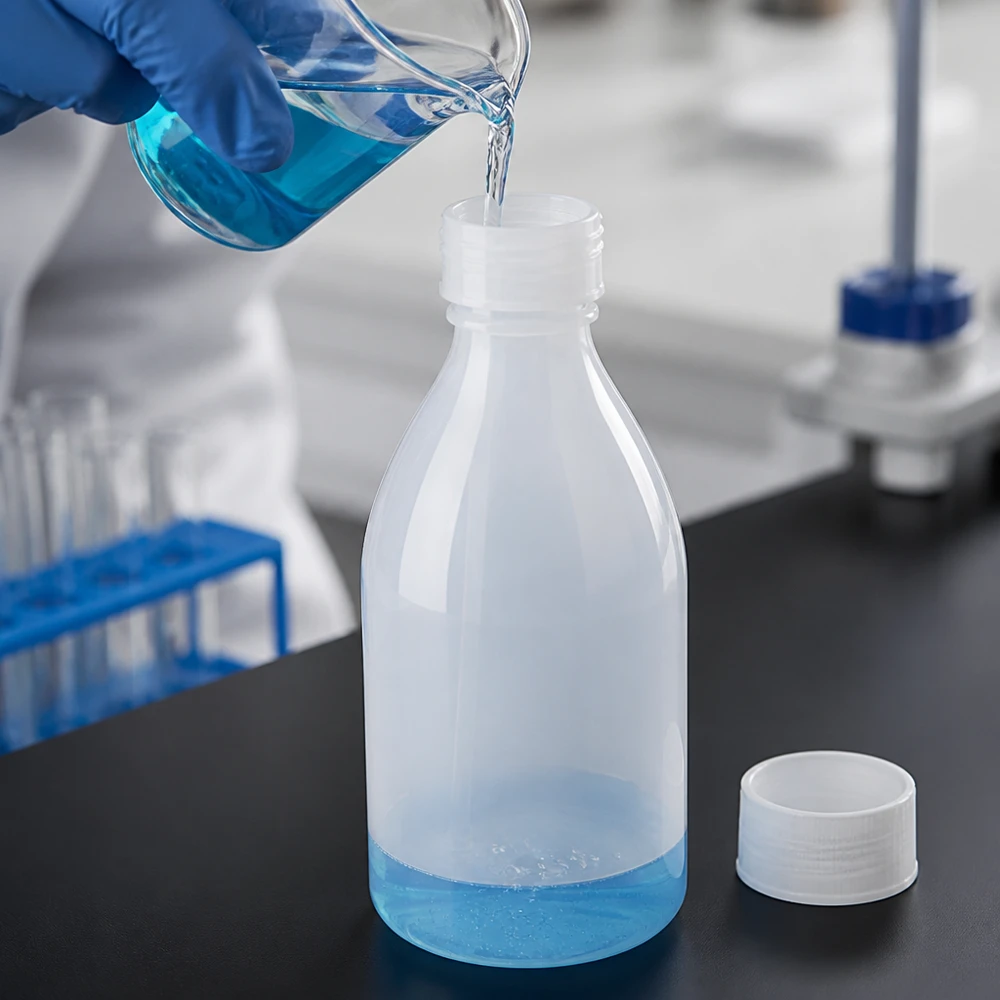 Flacons en plastique à col étroit de 100 ml avec bouchon à vis blanc, utilisés dans les laboratoires professionnels