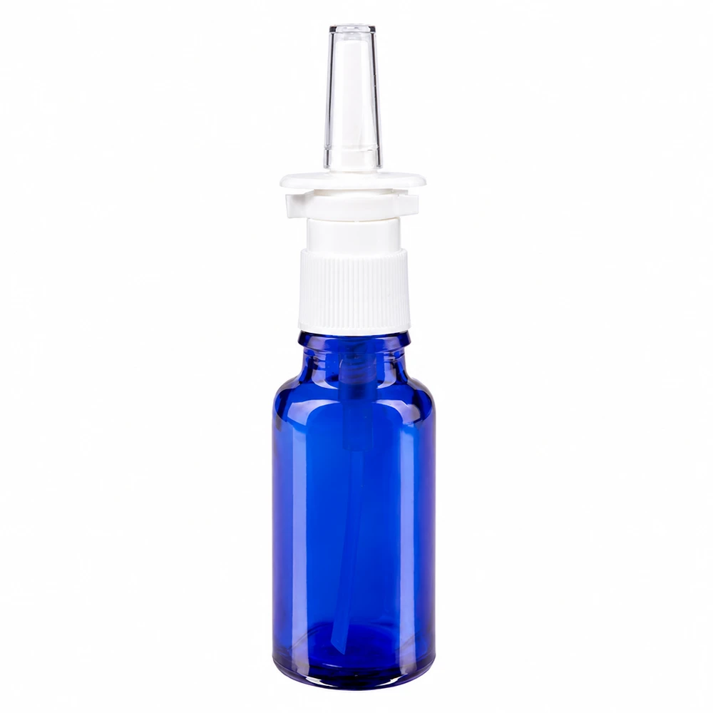 Flacon à pharmacie bleu 20ml vaporisateur nasal blanc standard Flacon de spray nasal de 20 ml en verre de pharmacie bleu cobalt, muni d'un embout-pompe blanc STD