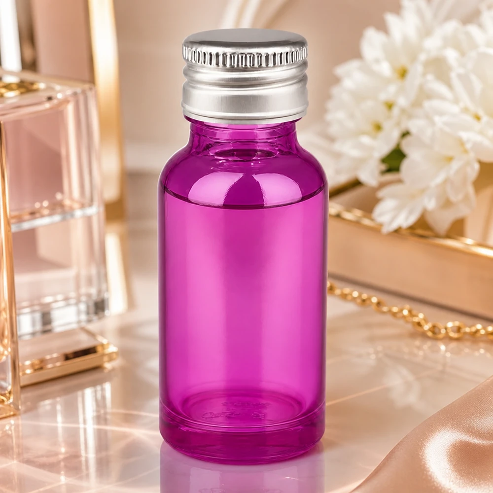 Bouteille transparente de 20 ml d'aspect pourpre avec protection UV et bouchon en aluminium sécurisé