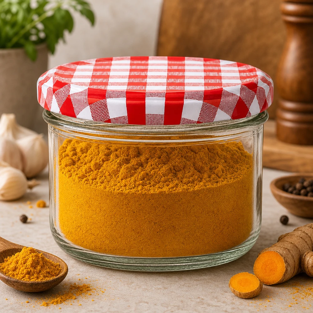 Pot de conservation 230ml avec couvercle vichy rouge et blanc rempli de poudre de curcuma dans une cuisine rustique