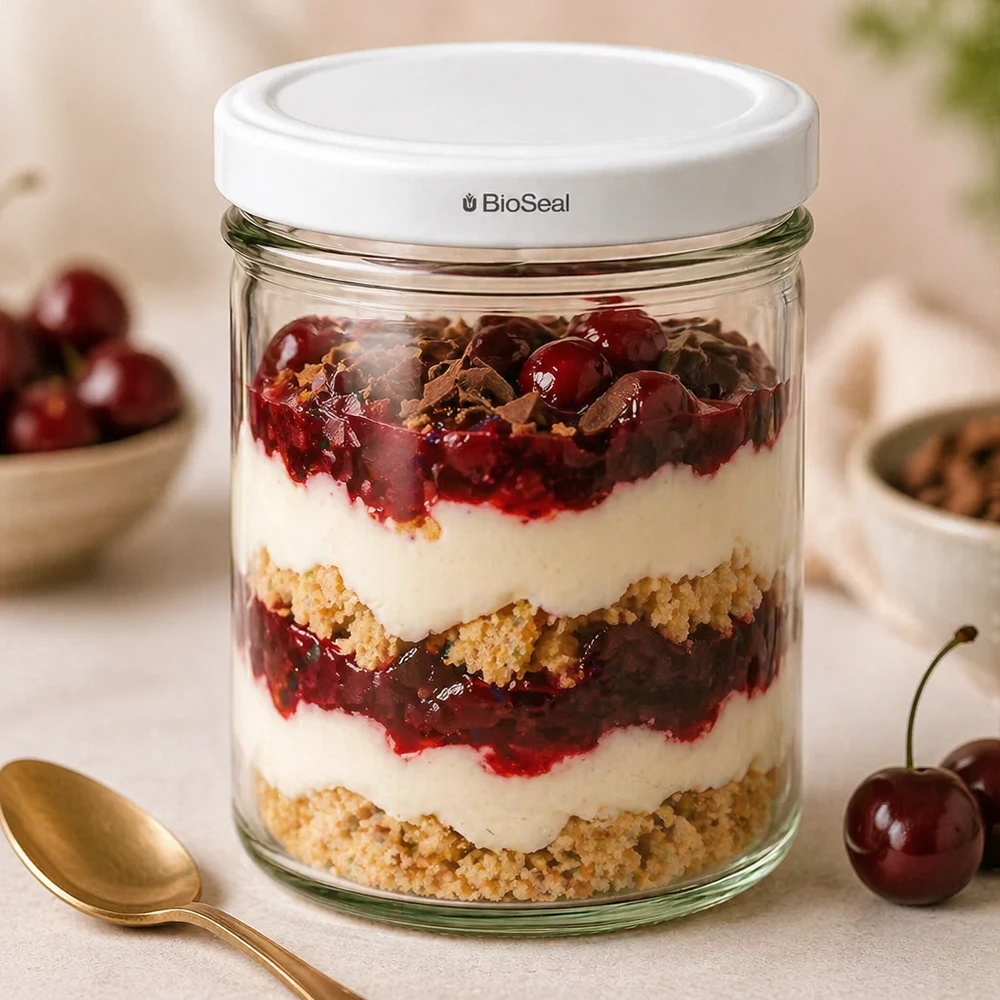 167ml Verre conique avec couvercle BioSeal blanc UNiTWIST UNiTWIST 167ml Verre à pied avec couvercle BioSeal Dessert stratifié Compote de cerises Crumble Verre à dessert Scène de cuisine cuillère dorée