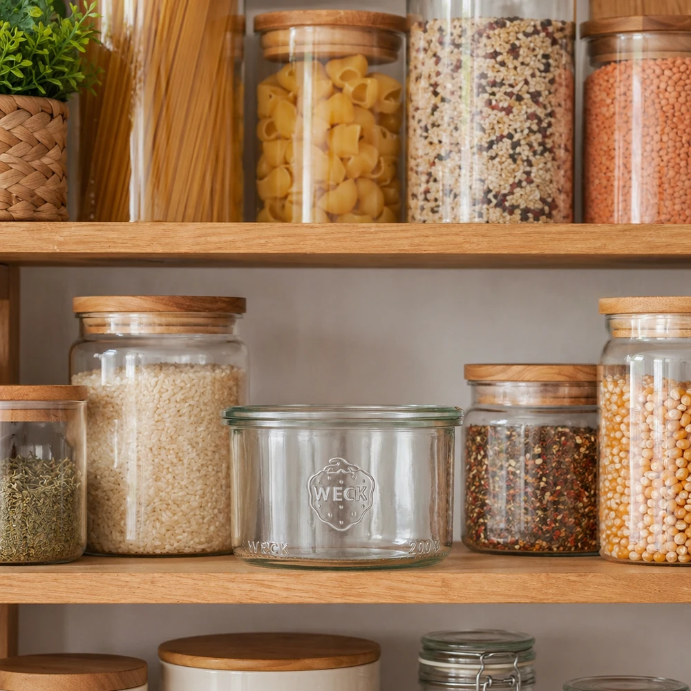 Bocal en verre de 200 ml WECK RR80 200ml WECK Pot renversé RR80 dans une cuisine organisée avec des bocaux de stockage pour les aliments et les épices sur une étagère en bois