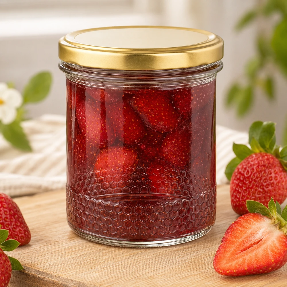Pot à miel de 400 ml avec couvercle BasicSeal doré UNiTWIST comme pot à confiture pour confiture de fraises fraîches