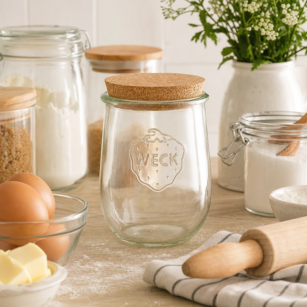 WECK Pot tulipe RR100 1062ml avec bouchon dans une cuisine de pâtisserie confortable à côté de la farine des œufs et des ingrédients de boulangerie Stockage
