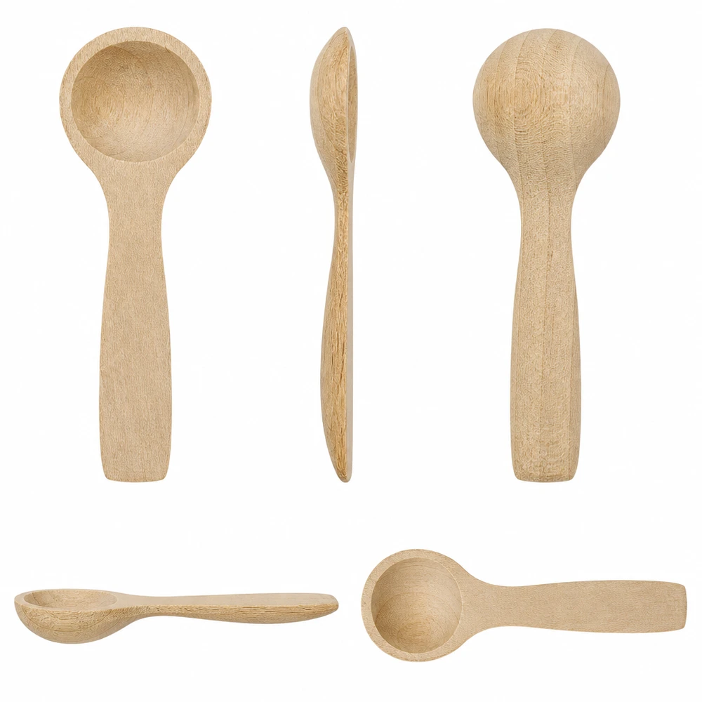 Pelle en bois taille S en forme de cuillère - 77mm de long Cinq vues de la petite pelle en bois de 7,7 cm sous différents angles montrent la forme et la finition de la cuillère en bois de hêtre.