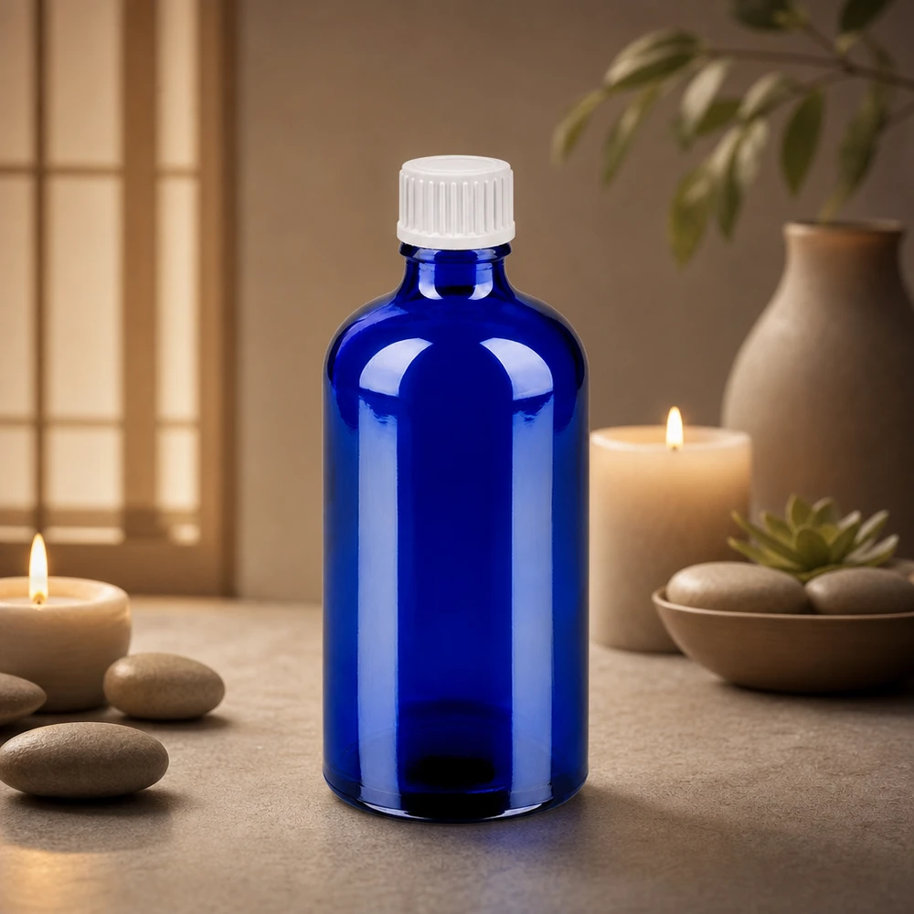 100ml flacon compte-gouttes 0.9mm blanc STD BlueLine UT18/100 Flacon en verre anti-UV 100ml bleu avec compte-gouttes millimétré 0,9mm pour huiles essentielles