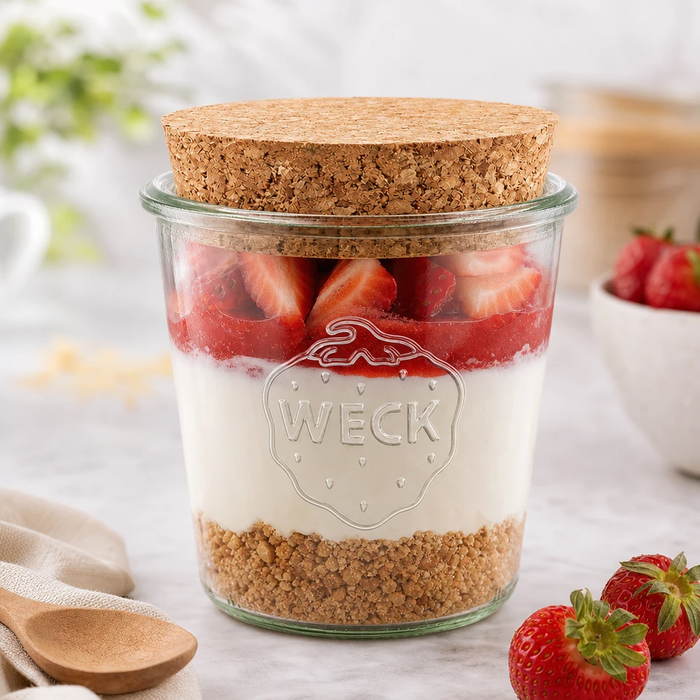 580ml bocal conique WECK RR100 avec bouchon nature WECK Verre 580ml RR100 avec bouchon comme verre à dessert pour fraises Yaourt Muesli arrangé avec style sur une table blanche