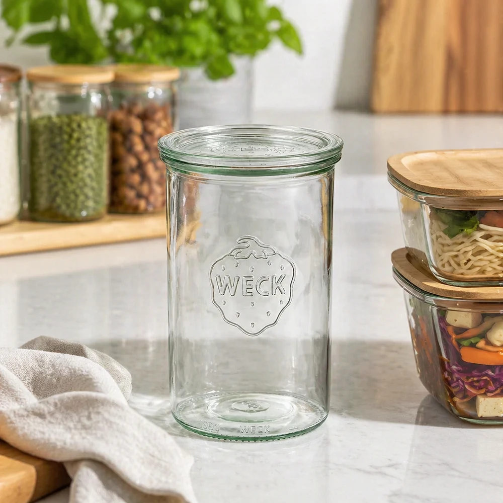 1000ml bocal conique avec bouchon en verre WECK RR100 WECK Pot de conservation 1000ml RR100 vide sur le plan de travail de la cuisine entre les bocaux à provisions avec noix et épices