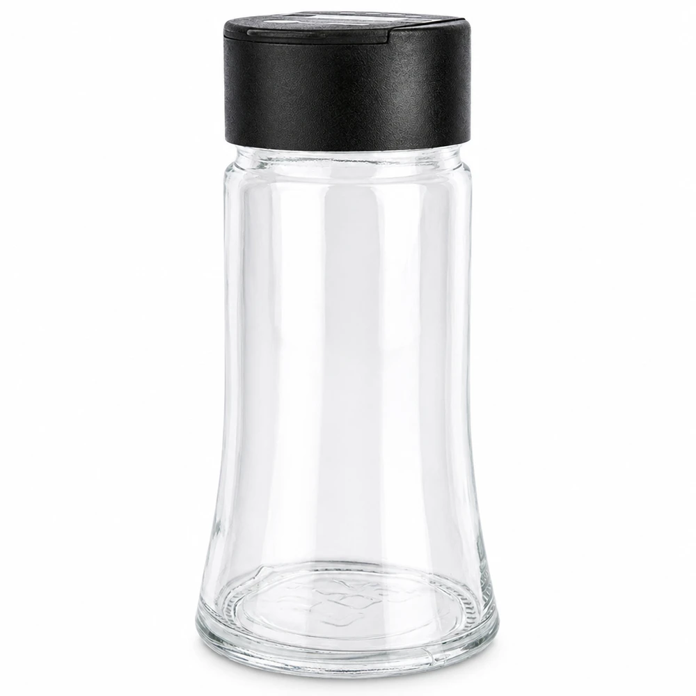 Pot à sel/épices 95 ml avec double saupoudreuse noire Petite salière en verre de 95 ml avec couvercle noir à rabat et forme conique