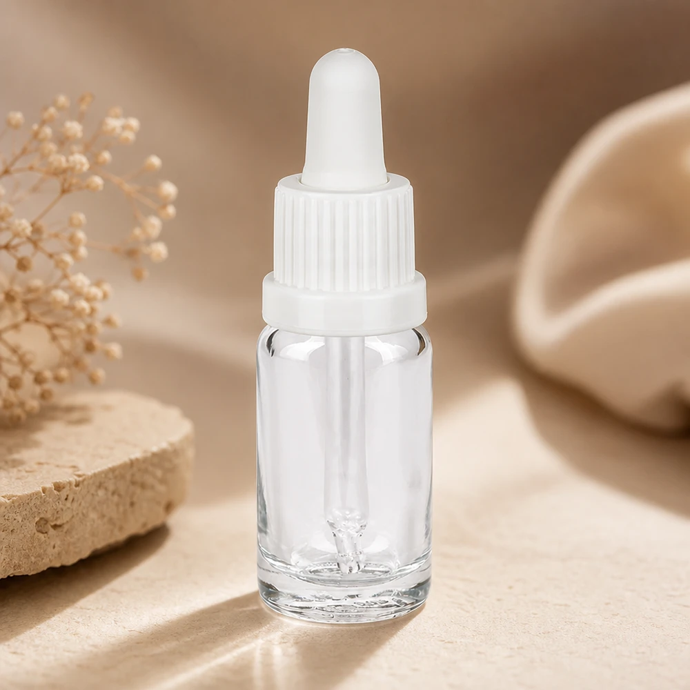 Flacon en verre transparent de 10 ml muni d'un bouchon-pipette blanc, posé sur une pierre naturelle