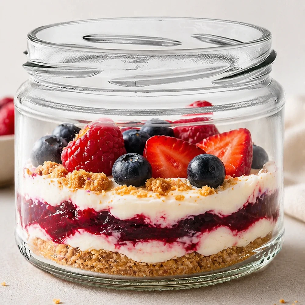 UNiTWIST Runda330 Verre rond rempli de dessert multicolore aux baies Dessert stratifié Trifle Baies Crème Fond de biscuit