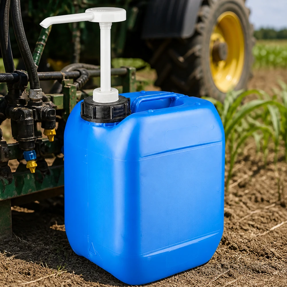 Bidon en plastique robuste de 5 litres muni d'une pompe blanche, dans un champ lors de travaux agricoles