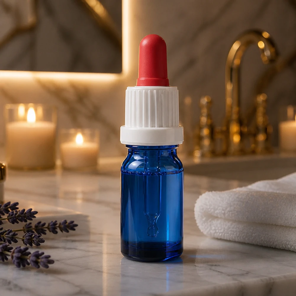 Flacon à pipette 5ml blanc/rouge OV BlueLine UT18/5 Flacon en verre bleu 5ml avec bouchon anti-fuite et capuchon doseur précis Série BlueLine