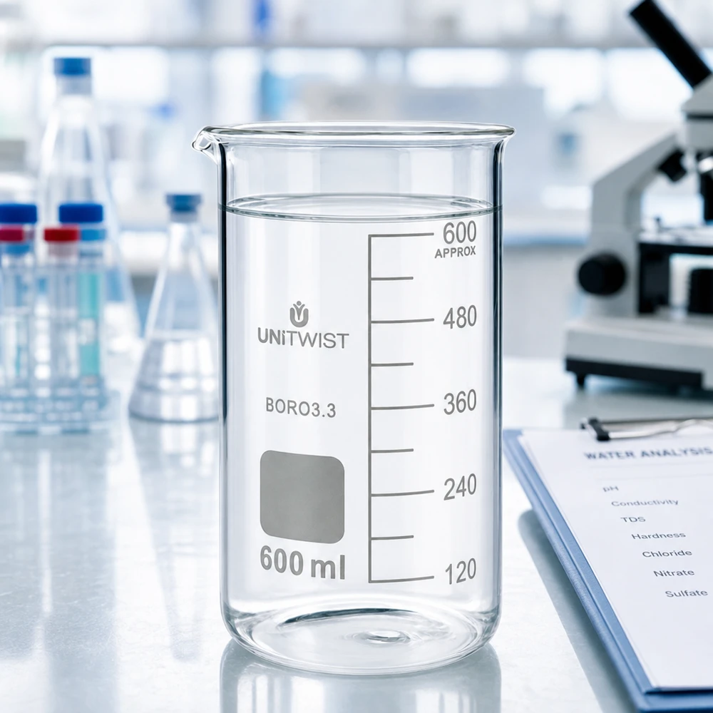 Bécher en verre transparent de 600 ml, modèle haut UNITWIST, avec graduation en millilitres jusqu'à environ 600
