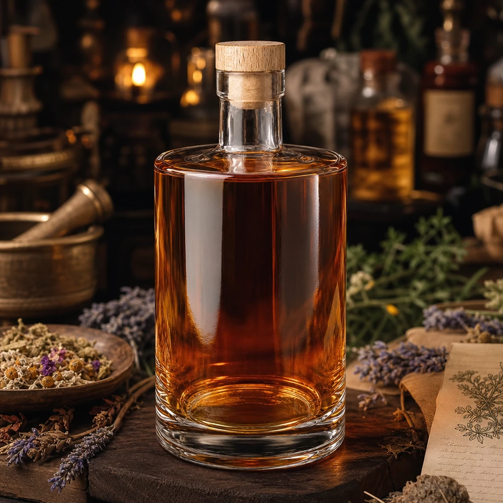 Bouteille en verre 700 ml « Marie » avec bouchon en bois UNiTWIST® Bouteille en verre Marie de 700 ml avec bouchon en bois et contenu brun arrangé entre des herbes séchées et de la lavande