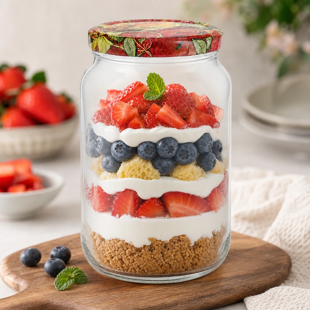 1062ml Verre rond BasicSeal Couvercle Décor Fruits Couche Dessert Baies Crème Fond Biscuit Trifle Dessert Mason Jar