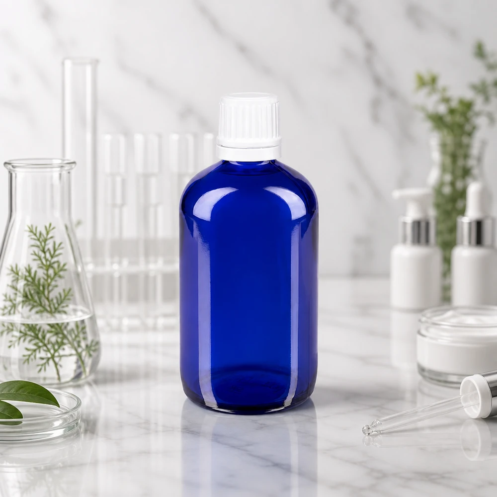 Flacon de pharmacie bleu 100ml bouchon vissable blanc bouchon inviolabilité Flacon en verre bleu cobalt de 100 ml, de type apothicaire, muni d'un bouchon de sécurité, posé sur du marbre à côté de pots de cosmétiques blancs