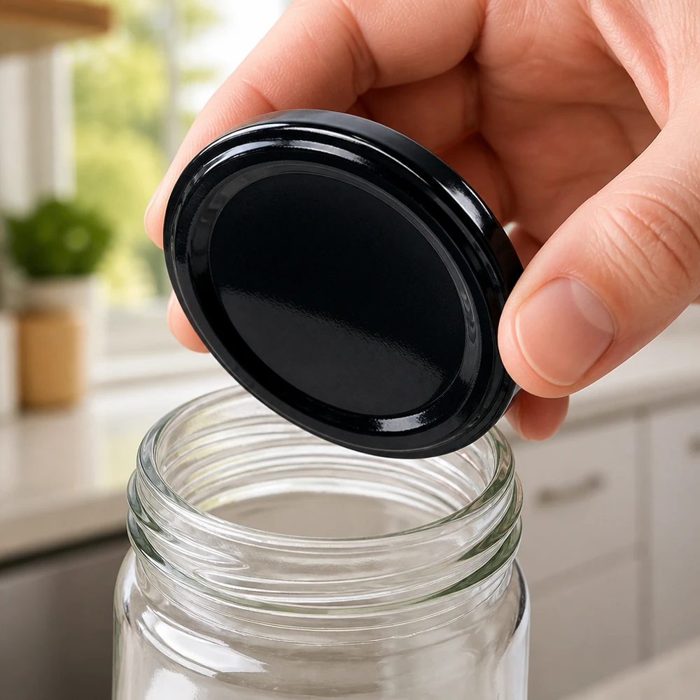 UNiTWIST TO82 noir, BioSeal, sans BPA, UNiTWIST Couvercle BioSeal Twist-Off noir 82 mm UNiTWIST sans BPA, visible depuis le haut sur un bocal de conserve