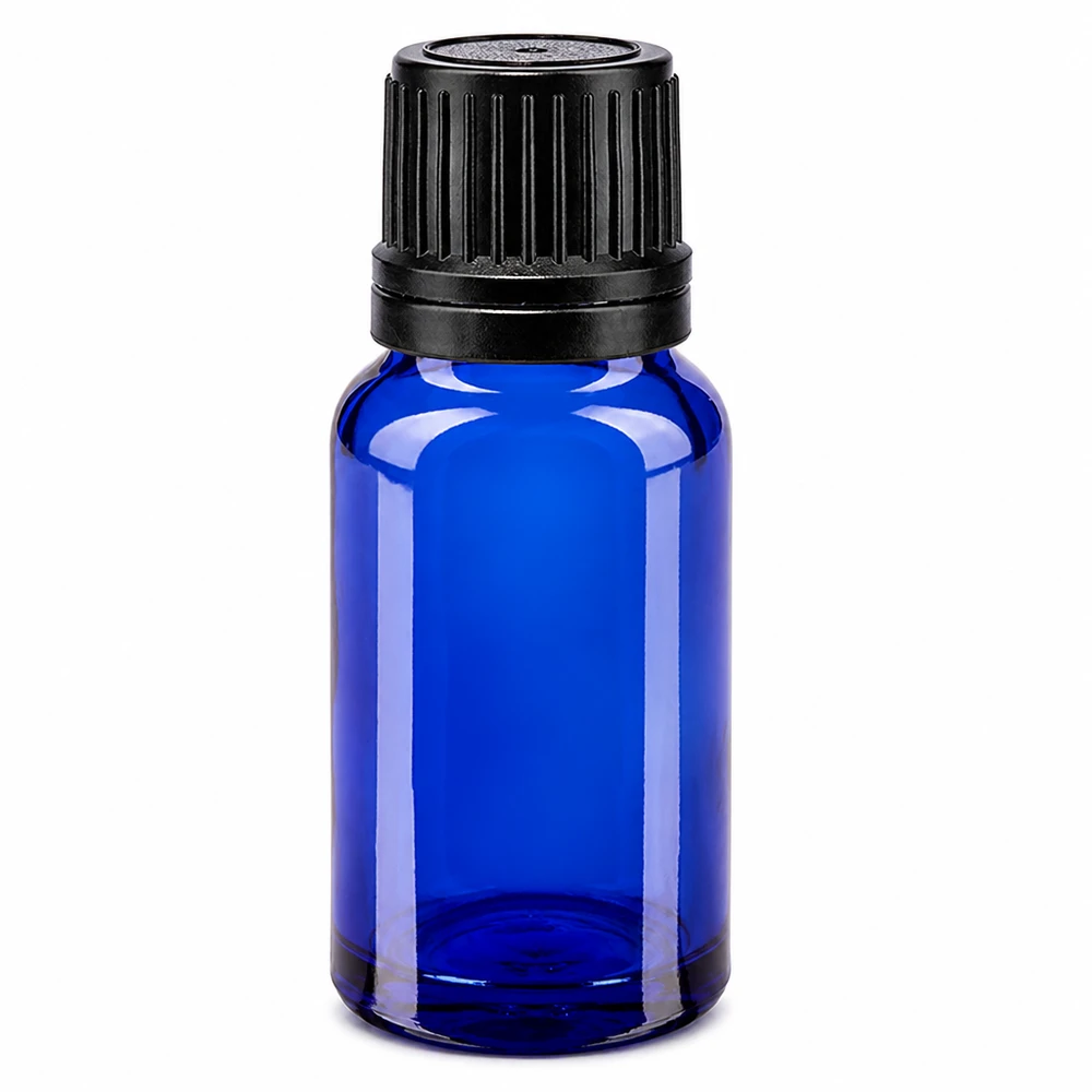 Flacon de pharmacie bleu 10ml bouchon vissable noir bague de coulée bouchon d'inviolabilité Flacon en verre bleu cobalt de 10 ml avec bouchon d'origine noir de 8 mm à sécurité enfant