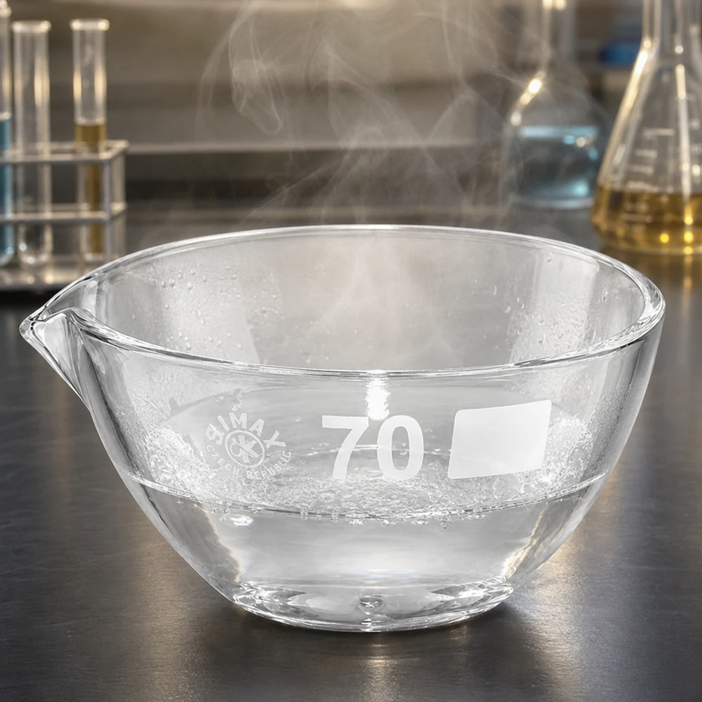 Capsule d’évaporation 60 ml en verre borosilicate, avec bec verseur Bol d'évaporation professionnel en borosilicate 60ml avec bec verseur pour un transvasement propre