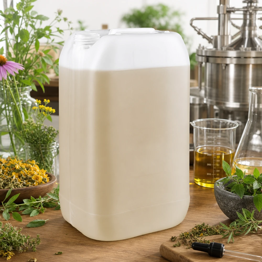 Grand bidon en plastique de couleur crème de 15 litres, sans couvercle, à côté d'un alambic et de plantes médicinales