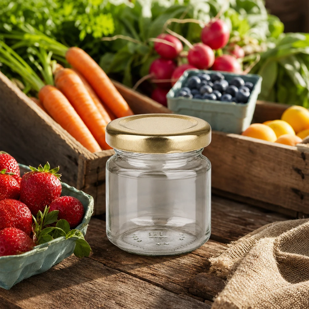 Verre rond 53ml UNiTWIST avec couvercle doré BasicSeal sur table en bois entouré de fruits et légumes frais