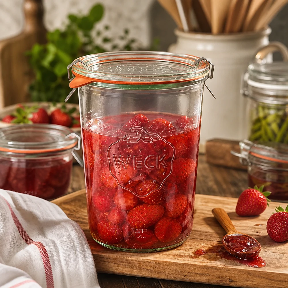 WECK Pot de conserve de 850ml rempli de confiture de fraises sur planche en bois dans une cuisine rustique avec des fraises fraîches