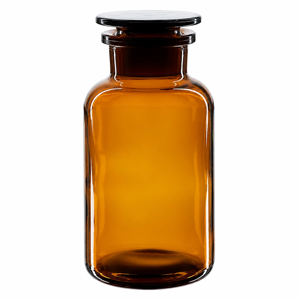 Flacon pharmaceutique 500 ml col large + bouchon verre ambré Flacon opacifiante de 500 ml à col large, de couleur ambre, avec bouchon en verre assorti