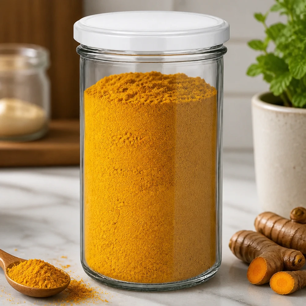 230ml Verre conique avec couvercle BasicSeal blanc UNiTWIST Pot de 277ml rempli de poudre de curcuma - Conservation des épices en bocal avec couvercle blanc BasicSeal