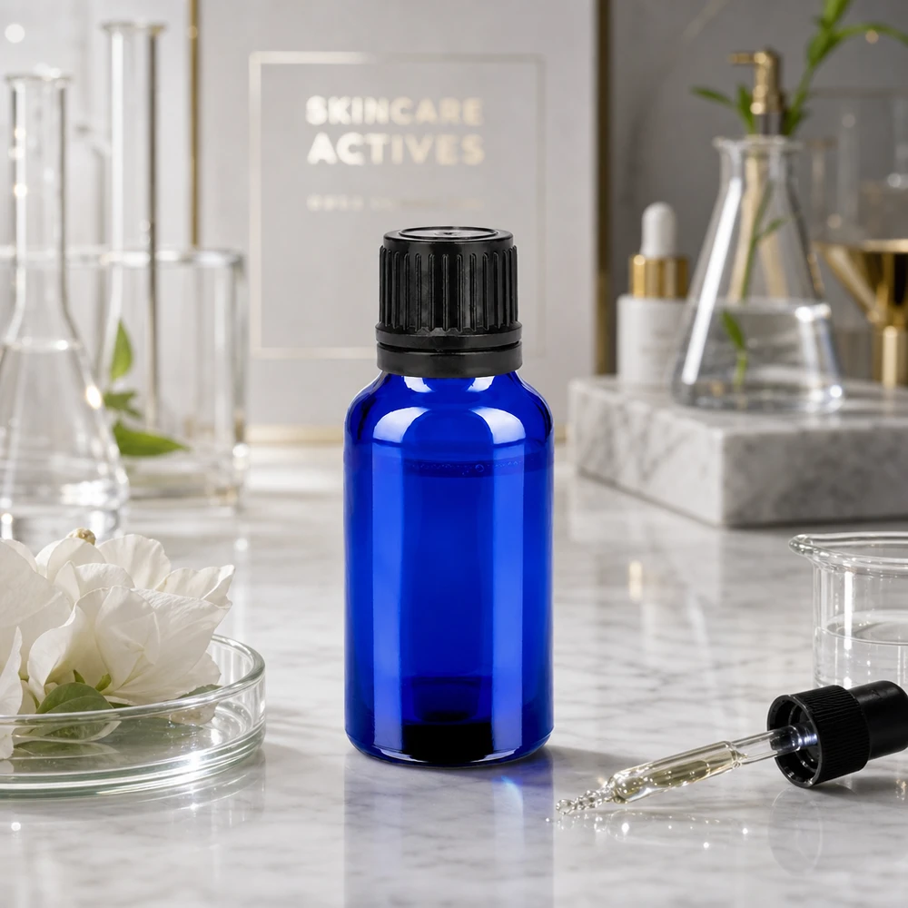 Flacon 20ml 11mm SV noir OV BlueLine UT18/20 Flacon en verre compact de 20 ml bleu pharmacie avec bouchon noir à l'épreuve des enfants