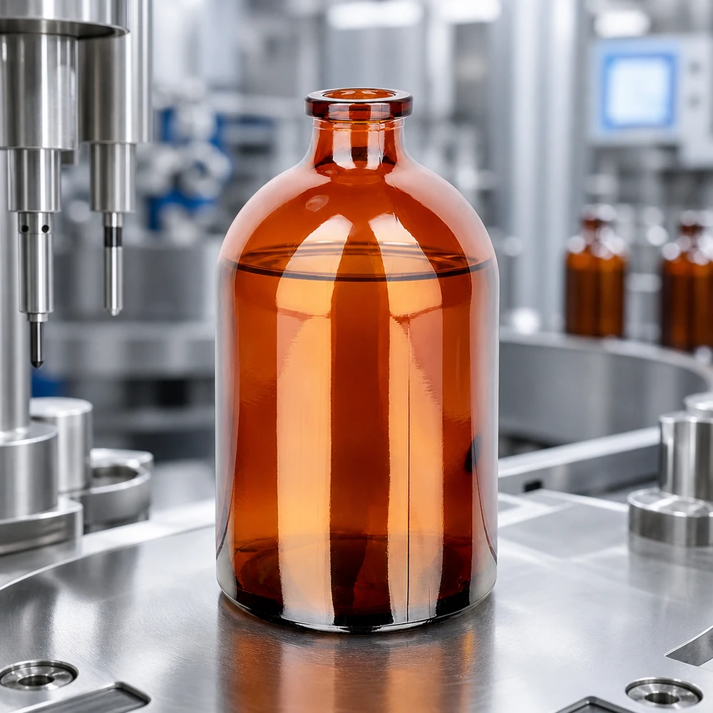 Flacon pour solution injectable, 100 ml en verre ambré Sterile Injektionsflasche 100ml aus Braunglas auf Edelstahlunterlage neben Abfüllnadel