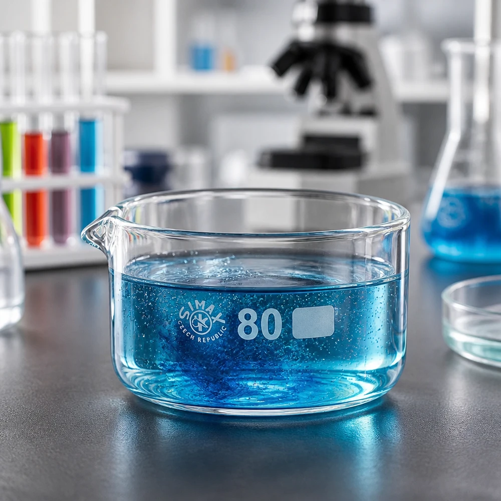 Coupelle de cristallisation 150 ml avec bec verseur SIMAX Verrerie de laboratoire : cuvette de cristallisation de 150 ml à fond large et bec verseur, pour usage en laboratoire, ø 80 mm