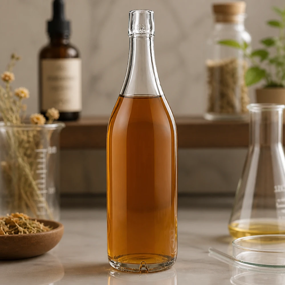 Bouteille en verre de 1000 ml sans bouchon mécanique UNiTWIST Bouteille en verre 1000ml UNiTWIST avec contenu ambré dans un environnement de cuisine naturel avec des herbes et des bouteilles