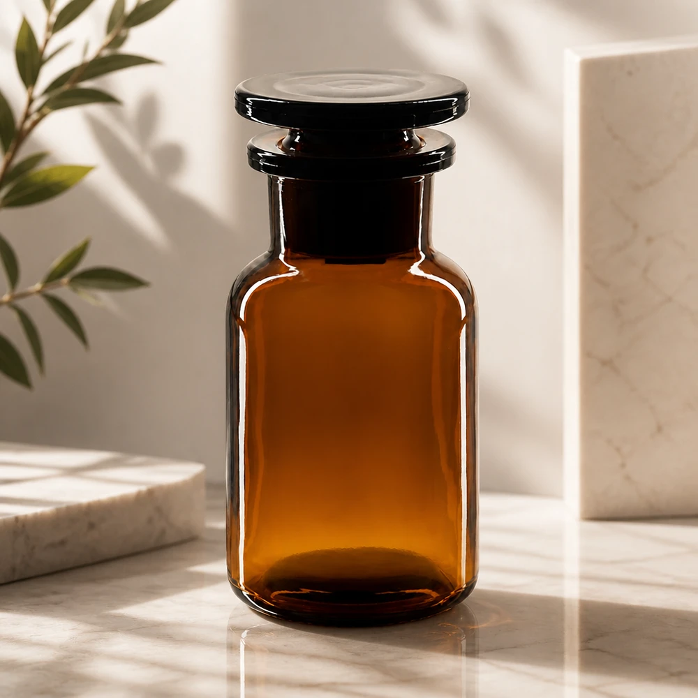 Flacon pharmaceutique 100 ml col large + bouchon verre ambré Flacon rond de 100 ml en verre ambré, à large ouverture, avec bouchon en verre, pour cosmétiques naturels