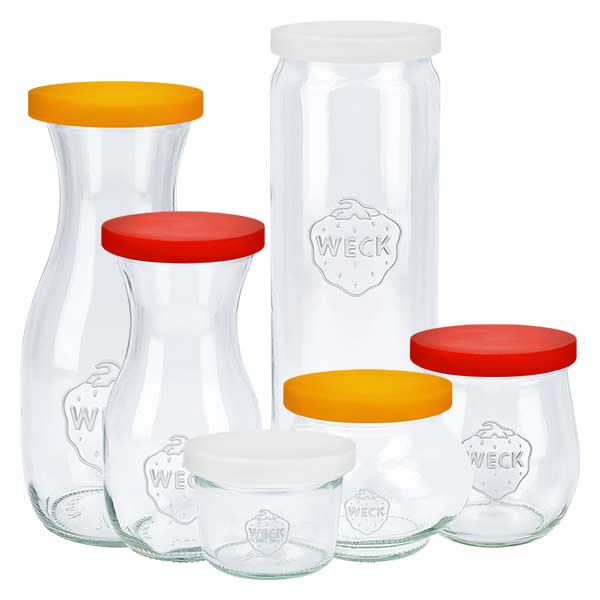 Couvercle en silicone blanc UNiTWIST pour WECK RR80 WECK Set de bocaux avec couvercles blancs en silicone UNiTWIST RR80 différentes tailles Exemple d'utilisation Conservation