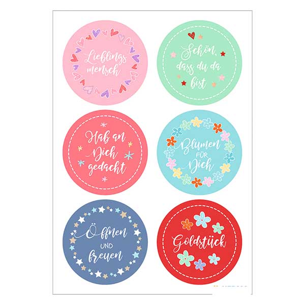 Sticker « Chérie » (12 autocollants avec paillettes) ø34mm | 2 feuilles = 12 autocollants en papier.