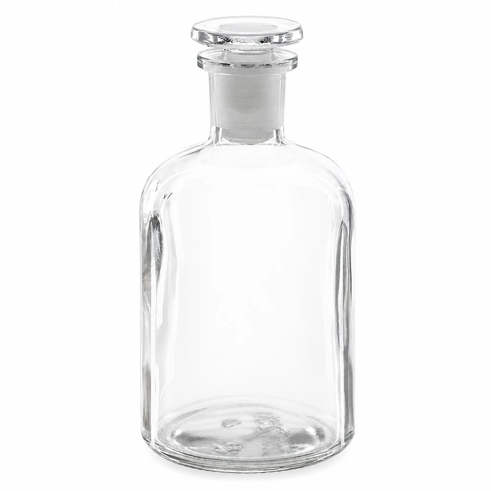 Flacon pharmaceutique 250 ml col étroit en verre clair + bouchon Flacon de laboratoire en verre de 250 ml, transparent, à épaulement arrondi et col étroit, muni d'un bouchon en verre hermétique