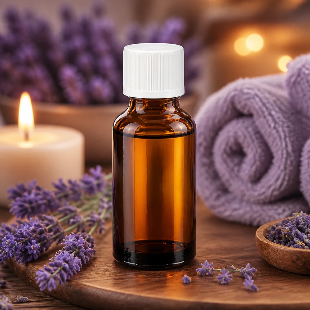 Flacon pharm. brun 20ml, bouchon blanc, sécu. enfant std. Flacon compte-gouttes de pharmacie de 20 ml en verre ambré avec un embout de 1,2 mm, dans une ambiance spa relaxante à la lavande