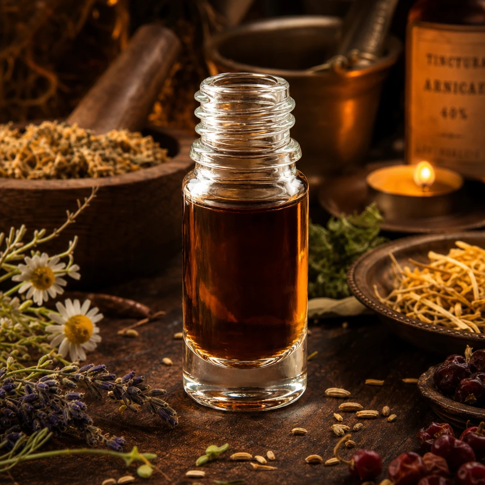 Flacon en verre transparent 5ml DIN 18 Bouteille de pharmacie de 5ml ApoGlas entre des herbes médicinales et des fleurs de camomille dans un décor chaleureux de médecine naturelle