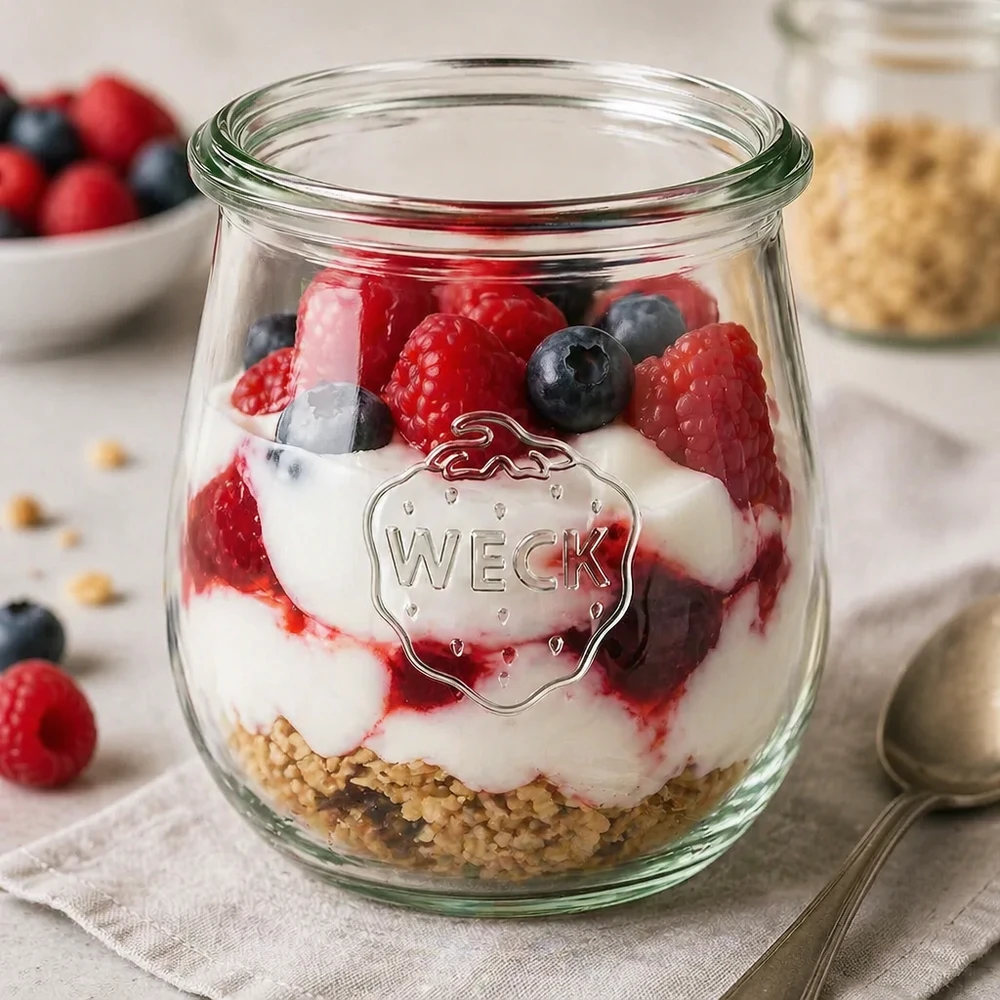 WECK Verre tulipe 220ml RR60 comme verre à dessert avec baies de yaourt et granola pour une portion et une présentation parfaites