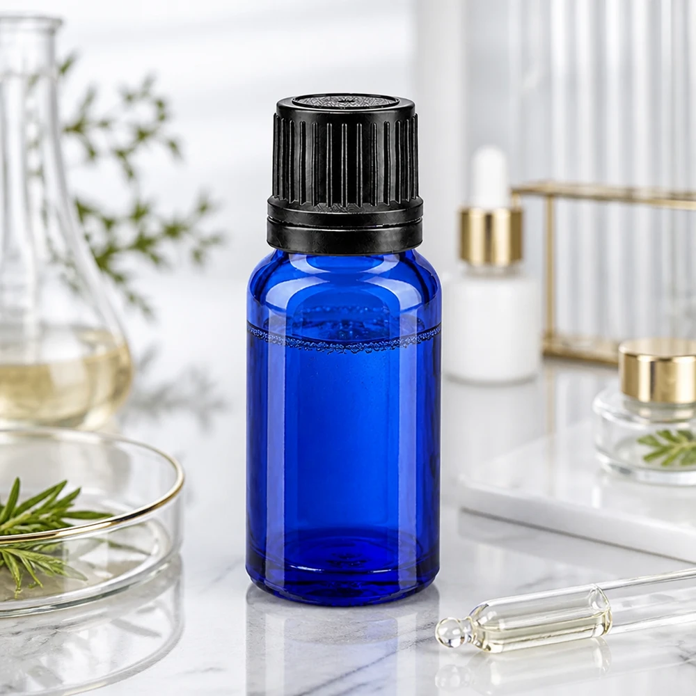 Flacon en verre pharmaceutique de 10 ml, bleu cobalt, avec un compte-gouttes de précision de 1 mm et un bouchon OV noir