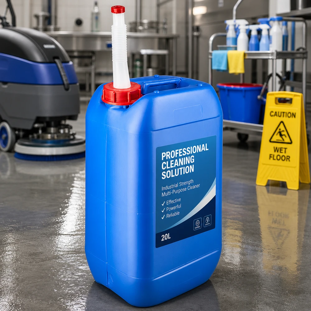 Bidon 15 litres bleu avec tube de vidange Flex Bidon portable bleu de 15 litres avec bec verseur flexible pour solutions de nettoyage professionnelles