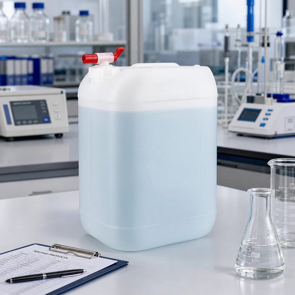 Grand bidon de 25 litres muni d'un robinet d'arrêt pour un stockage sûr des produits chimiques en laboratoire