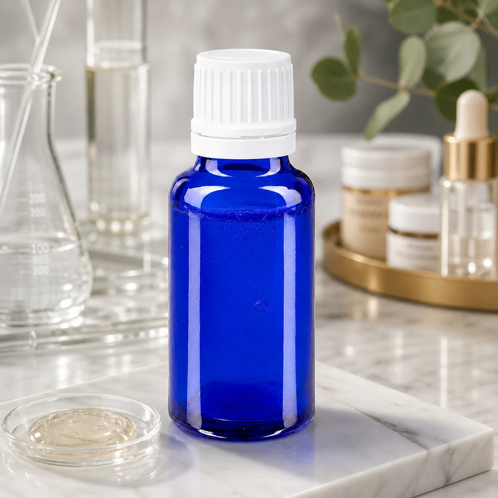 Flacon à pharmacie bleu 20ml bouchon à vis blanc bouchon d'originalité Flacon Apofläschchen bleu cobalt de 20 ml avec bouchon blanc à sécurité enfant, à côté de produits cosmétiques