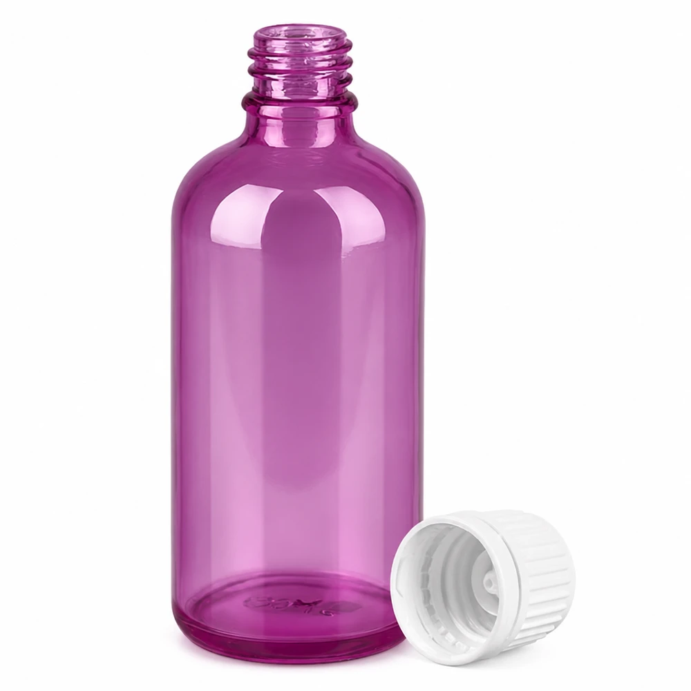 Bouteille compacte en verre magenta avec ouverture de 11mm idéale pour les sérums et les compléments alimentaires liquides