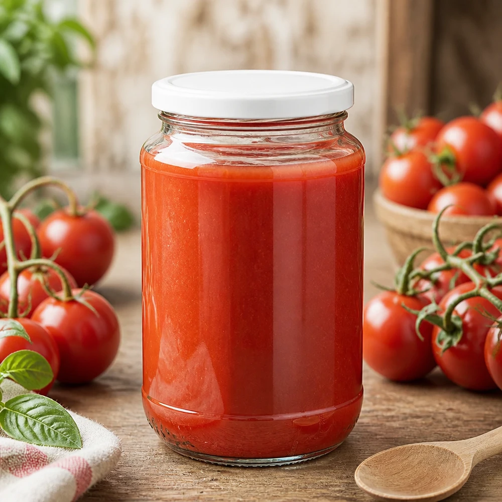 Bocal rond en verre de 320 ml + couvercle BasicSeal blanc UNiTWIST Bocal UNiTWIST de 320 ml avec couvercle BasicSeal pour la mise en conserve de sauce tomate et de purée de tomates